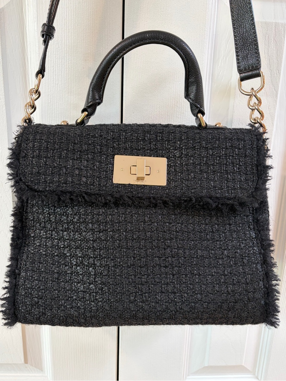 Kate Spade Nadine Black Wool Tweed Satchel with Gold Hardware